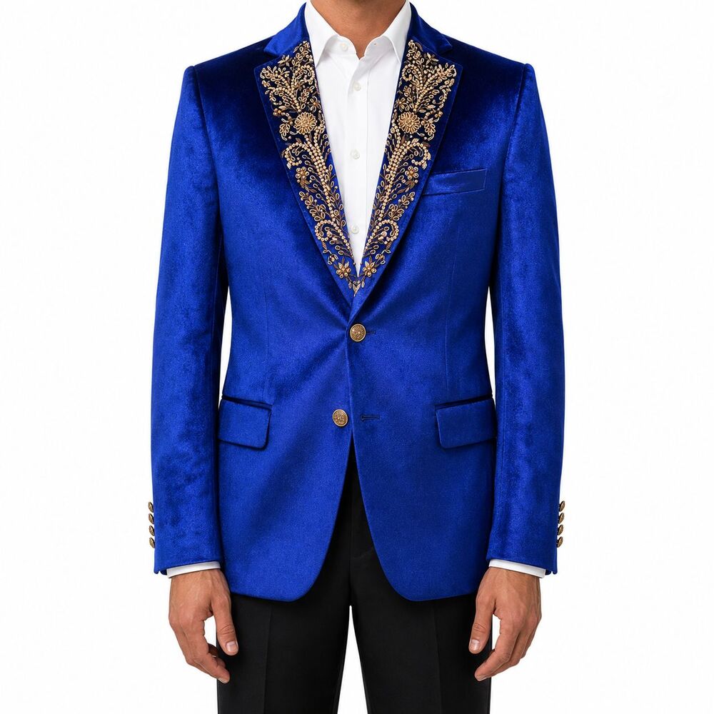 Mens 42R Royal Blue Velvet Blazer Hand Embroidered Floral Lapel Wedding Tuxedo